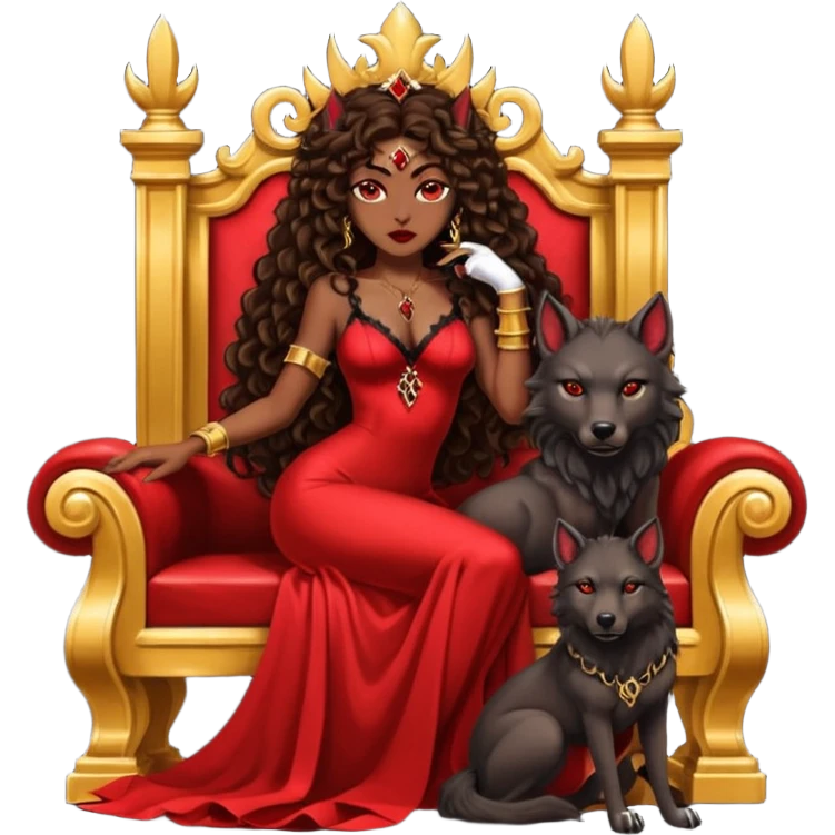 Lilith symbol seductress evil brown curly long hair haired, sexy succubus woman with red and black Chanel dress sitting on a Black and gold throne. A large black wolf laying beside he emoji