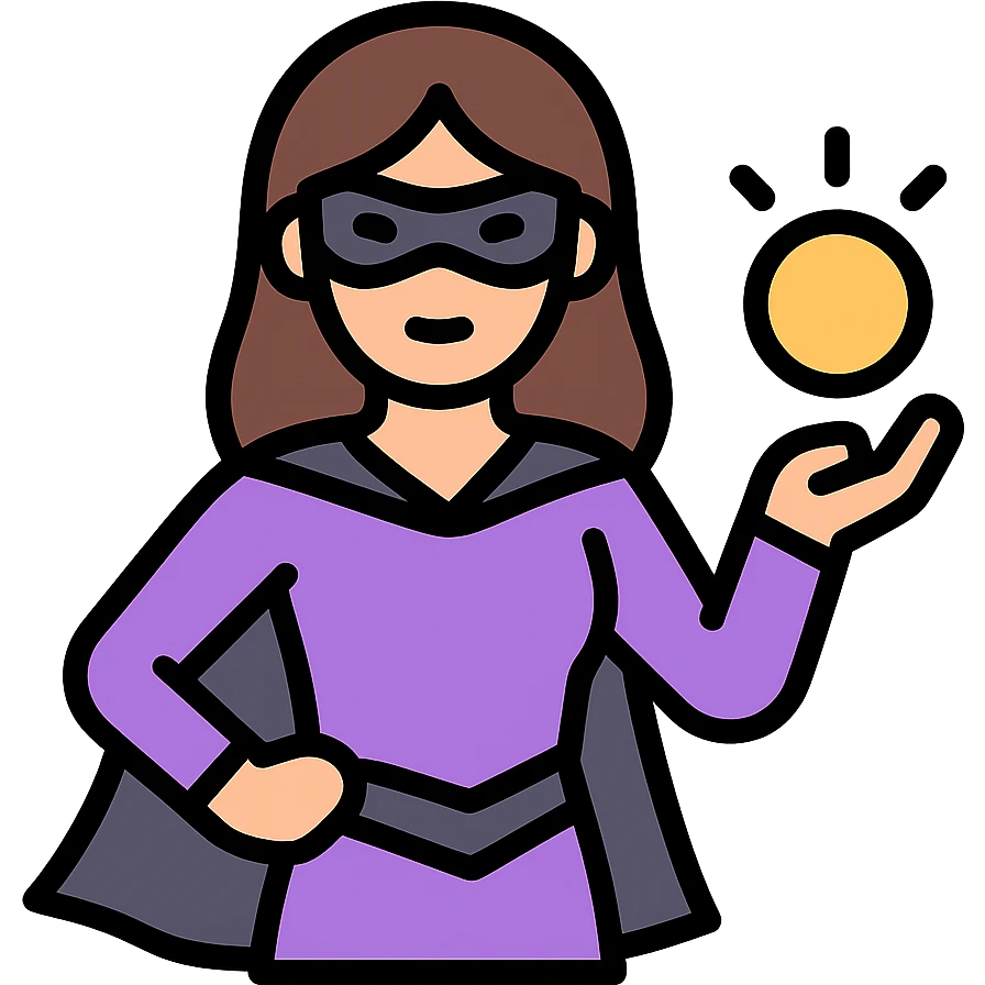 female superhero in a soft purple and black suit, glowing magical energy in her hand emoji