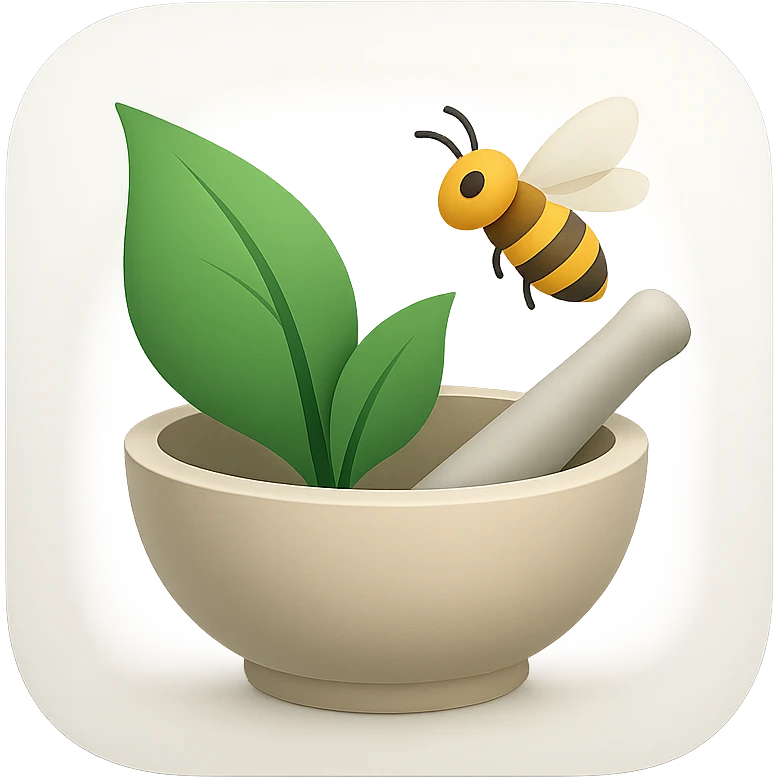 macOS application icon for a herbal therapy CRM, featuring a stylized green leaf, a mortar and pestle, and a honeybee hovering above, modern and clean style, soft gradients, professional look, no text emoji