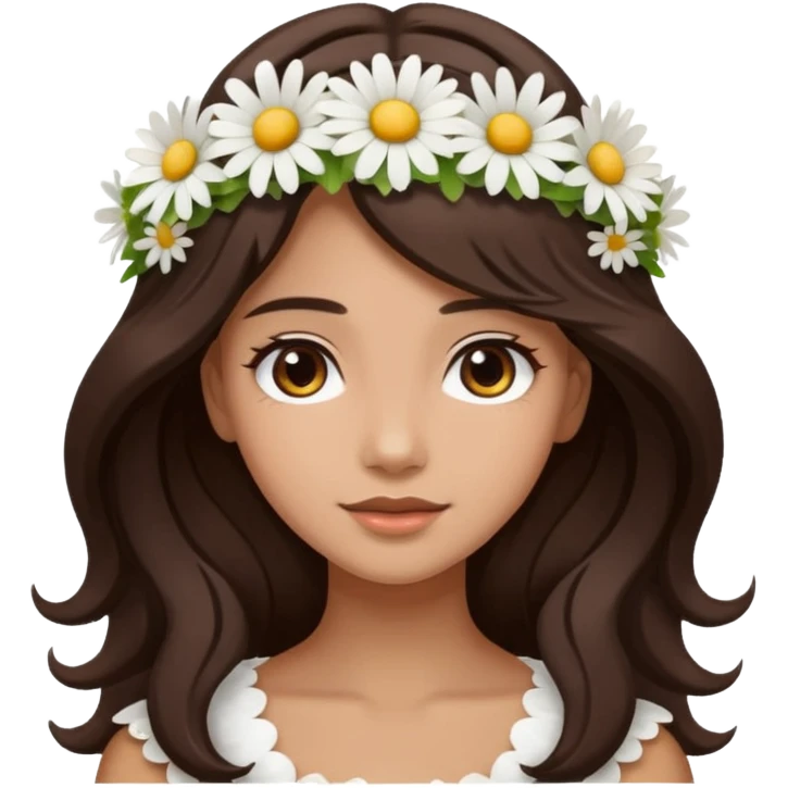 Medium skin tone female, long dark-brown hair with gentle waves, wearing a white daisy floral crown. emoji