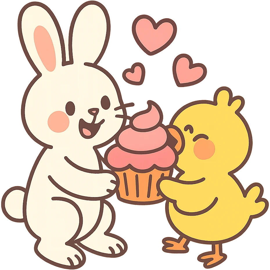 bunny and chick sharing cupcake with hearts floating, pastel-toon style emoji