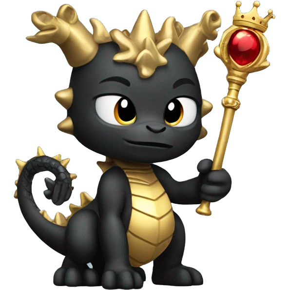 A black golden dragon whit body and a crown holding a golden sceptre in her left hand  emoji