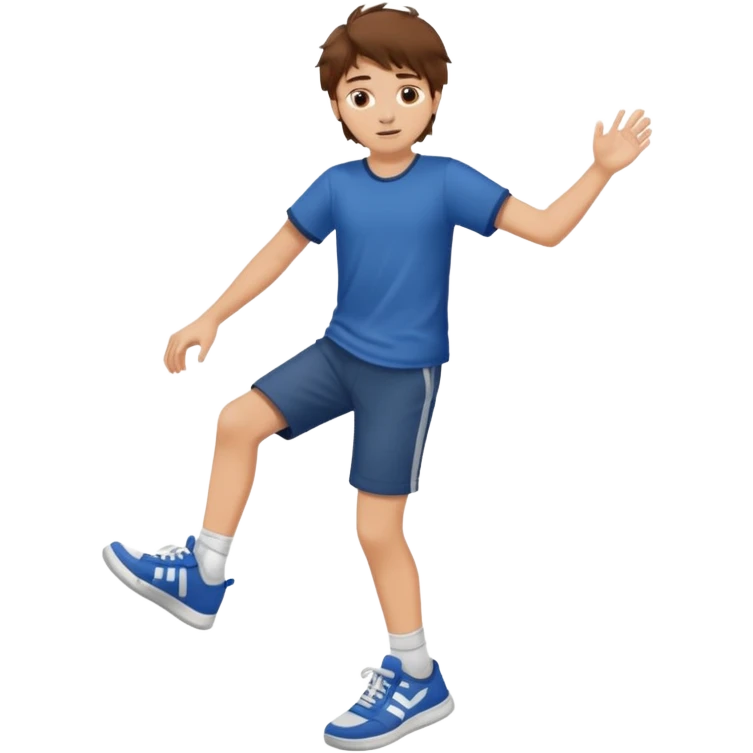 boy with messy brown hair bringing his foot closer emoji