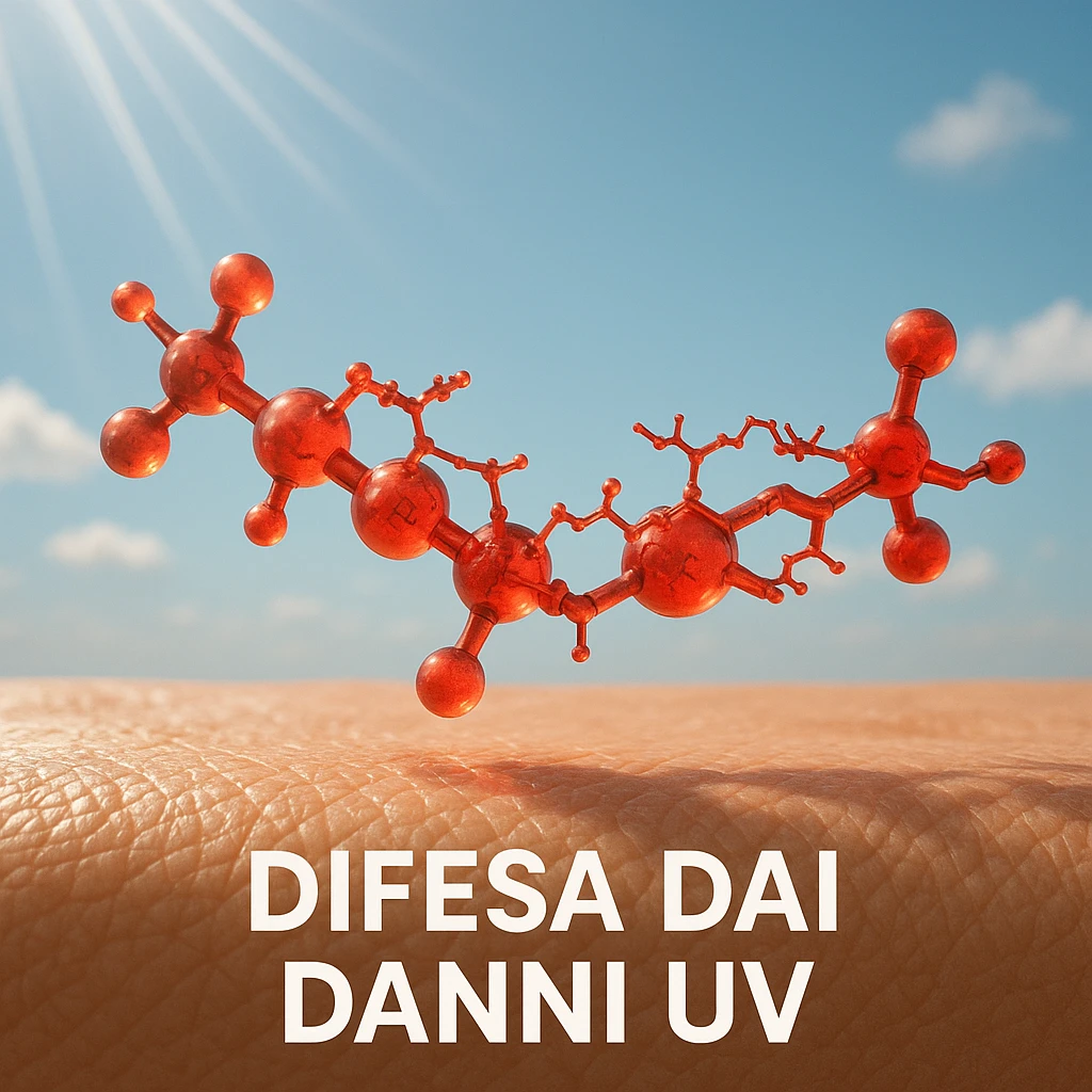 hyper realistic red astaxanthin molecule protecting skin from sun damage, red molecule above skin with UV rays, positive atmosphere, realistic details, text 'Difesa dai danni UV' emoji
