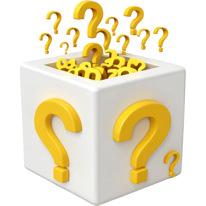 white cube shaped box printed with "q&a" over stuffed with yellow question marks emoji