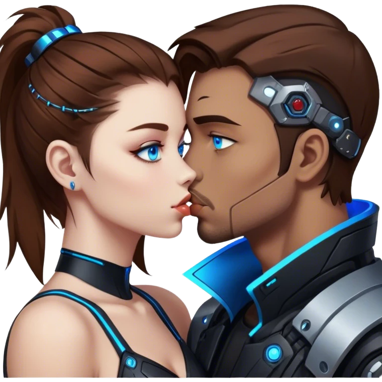 Neon cyberpunk style 
girl with brown hair and blue eyes kiss man emoji