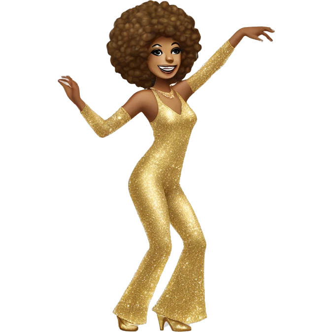 White 70s disco queen woman dancing in glitter jumpsuit emoji
