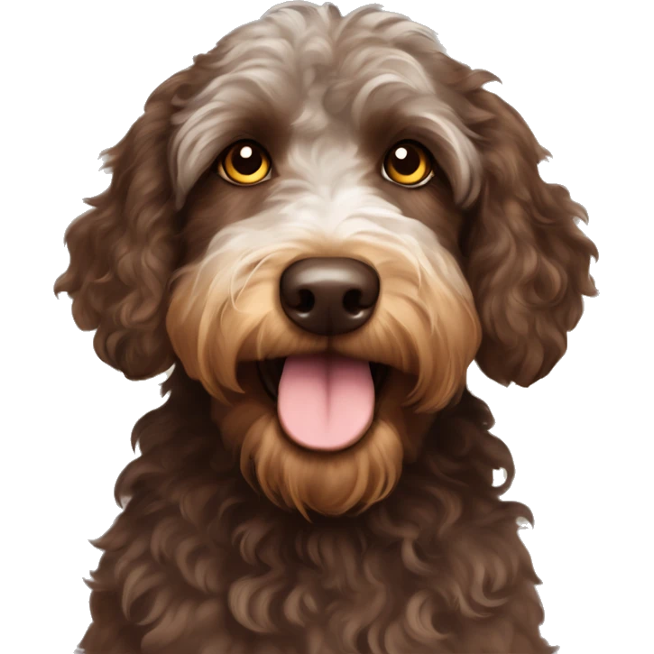 Chocolate and tan Aussiedoodle with yellow eyes and a bun on the top of head emoji