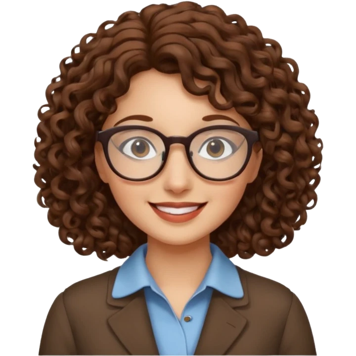 Mujer, pelo castaño, rizado, gafas emoji