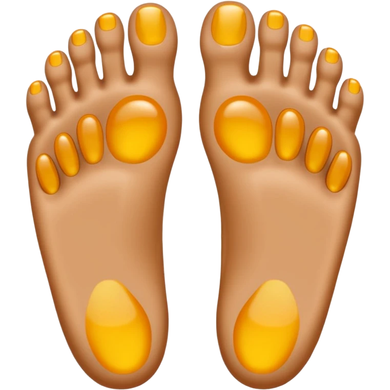 two feet, one slightly in front of the other, five toes each, shiny, perfectly orthopedic shape, emoji style, natural skin color, no yellow gel emoji
