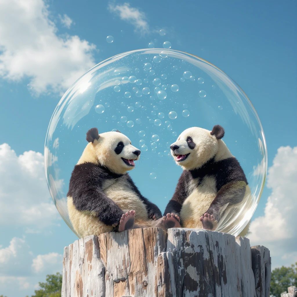 Cinematic still pandas bears sitting inside bubbles flying, blue sky background, sunny summer day, happy vibe, minimalisic, emoji