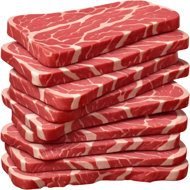 pile of raw sliced beef, thin strips, deep red, muscle grain visible, glossy, irregular shapes, subtle marbling or fat, clean 3D rendering, soft light, subtle shadow, no packaging, no anthropomorphic features, transparent background, emoji scale emoji