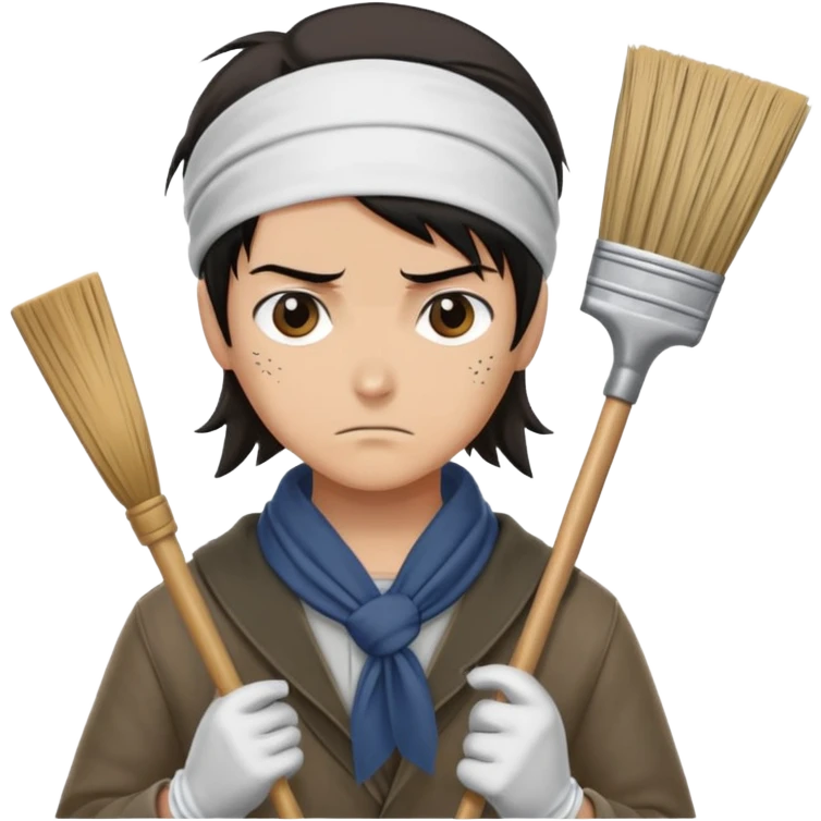 Levi Ackerman cleaning with bandana over hair, gloves, holding broom, annoyed expression emoji