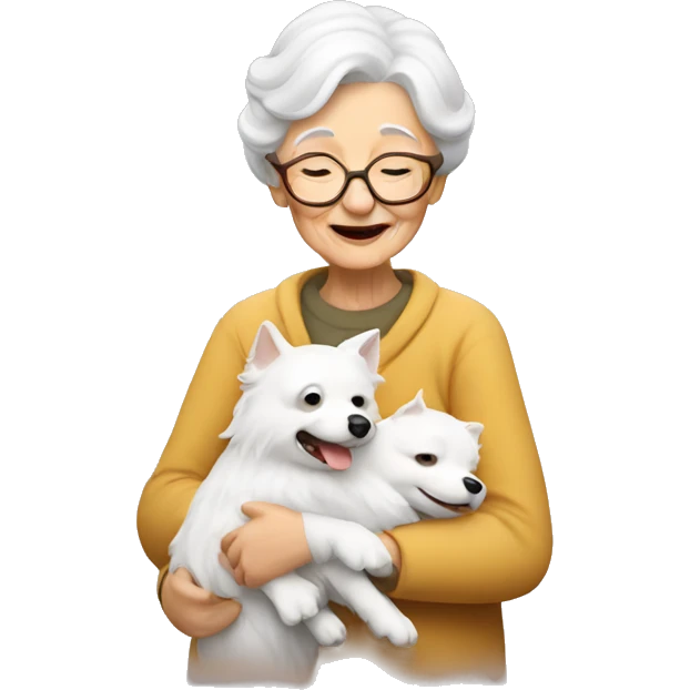 an old lady hugging a white spitz dog emoji