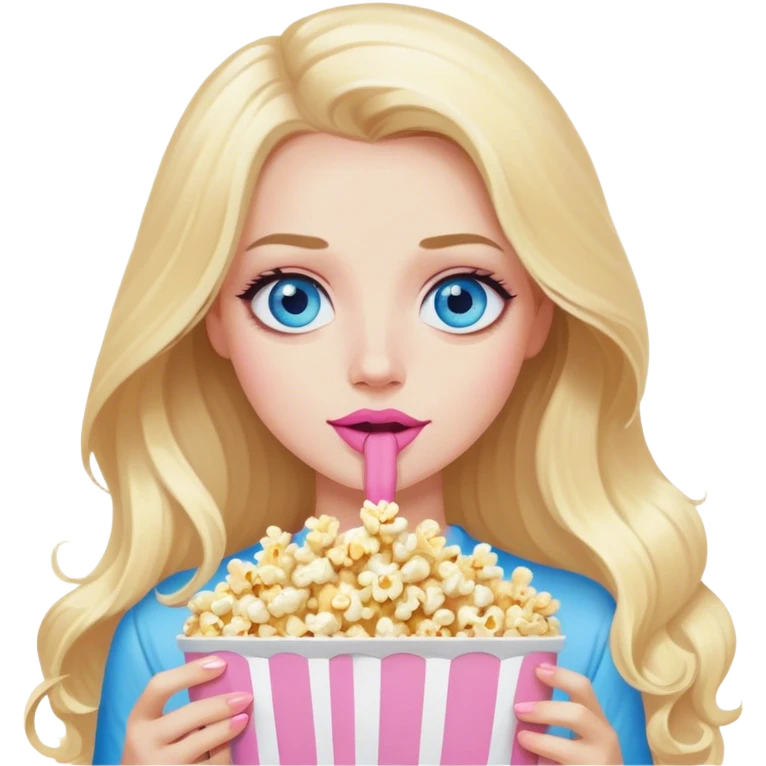 Cinematic realistic blonde with long hair, blue eyes and pink lips, watching TV and eating popcorn emoji