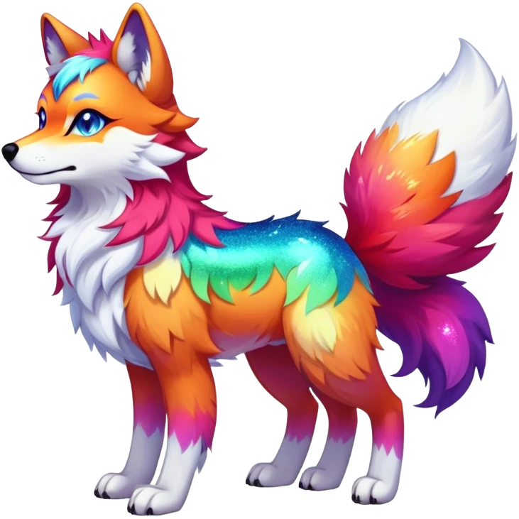 Vibrant multicolored Falvie-Fionbri-creature-sparkle-wolf-fursona, full body emoji