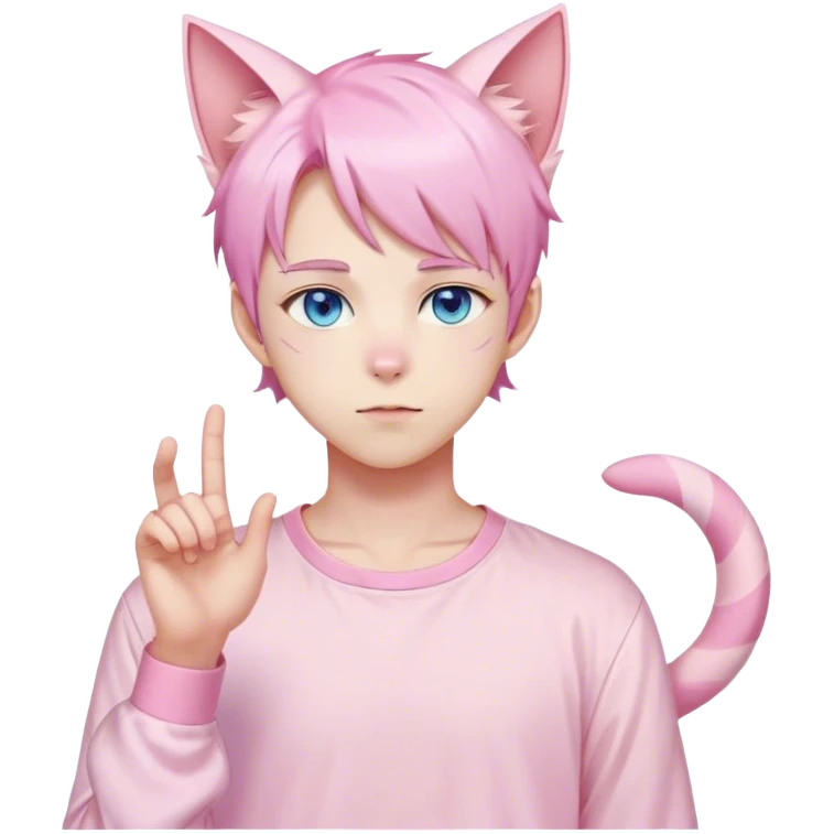Pastel effeminate young femboy man with pastel pink shiny hair, pink cat ears, pastel yellow blouse, blue eyes, cute, gorgeous, anime, catboy, full body emoji