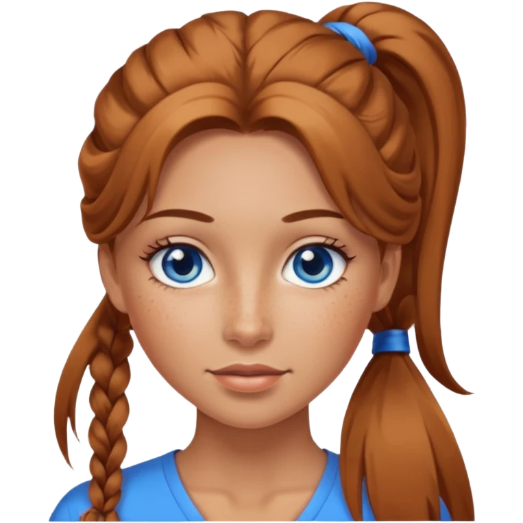 Attractive Woman with tan skin, blue eyes, wide face, freckles, and a long voluminous ponytail  emoji