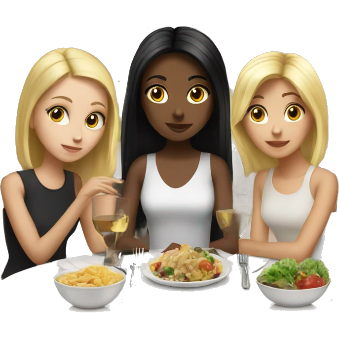 Girl with black hair sitting at dinner with two blonde friends emoji