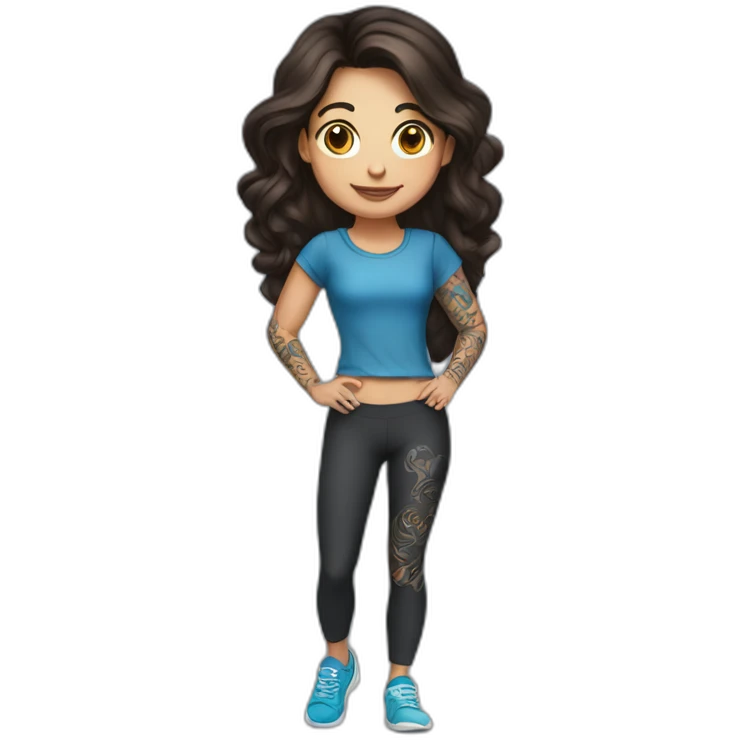 Short brunette, leggings, blue walking shoes, tattoo sleeve, holding laptop emoji