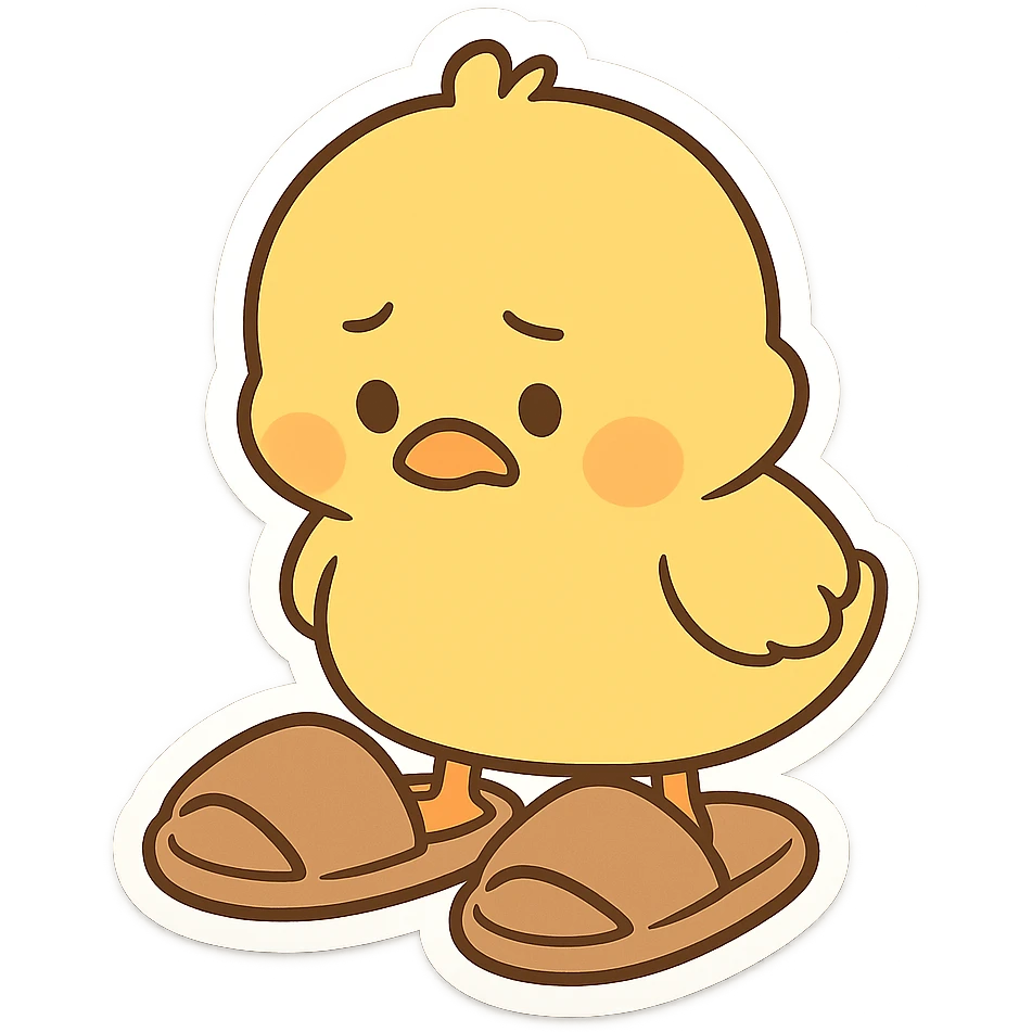 A goose yellow chick, wearing a pair of super large slippers, looks down at the shoes with a puzzled expression emoji