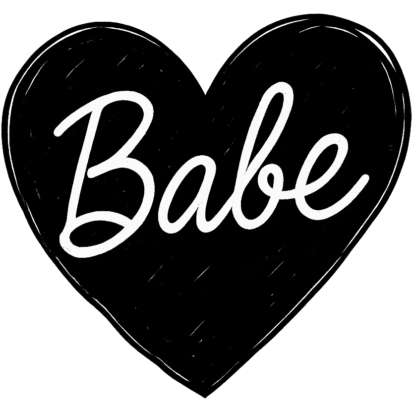 the word 'Babe' in elegant white cursive on a black heart, hand-drawn, high contrast emoji