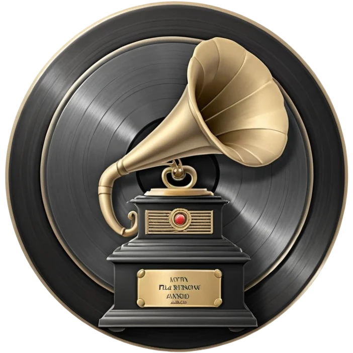 A dark metal platinum music award plaque The center features a relief of a vintage gramophone or stylized vinyl record in a slightly darker metallic tone emoji