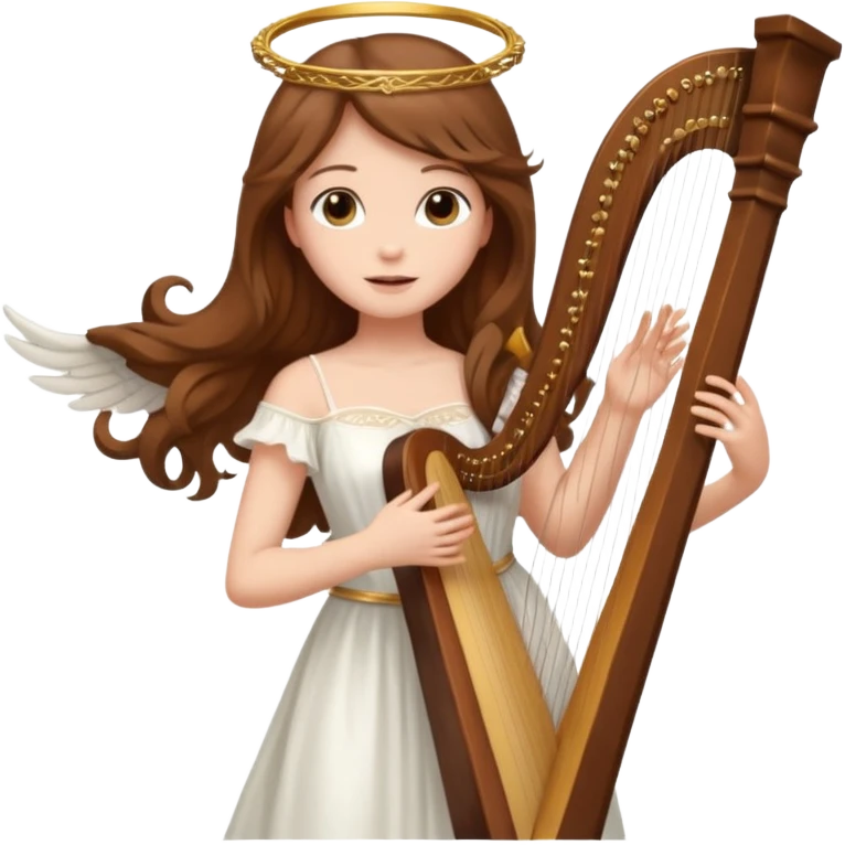 Female angel holding harp with flowing brown hair emoji