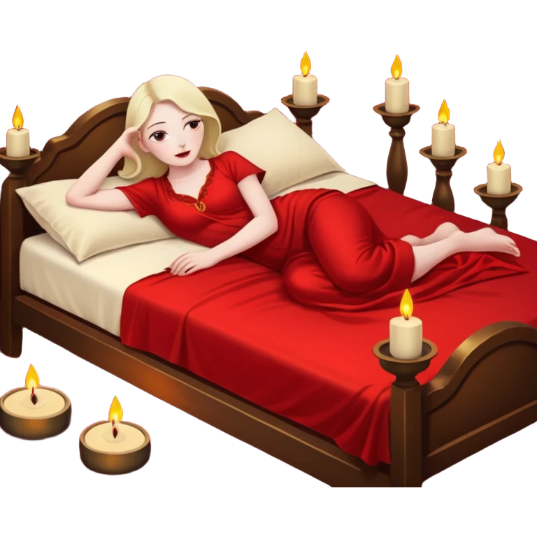 Low bed, red sheets, candles everywhere, woman reclining in shadowed control emoji