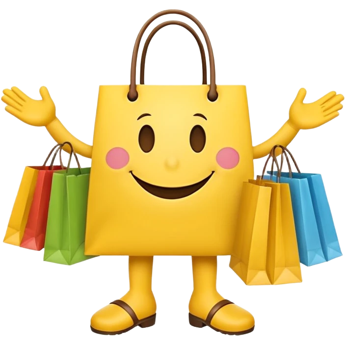 HAPPY SMILEY FACEWITH HANDS AND FEET EMOJI WITH SHOPPING BAGS IN EACH HAND emoji