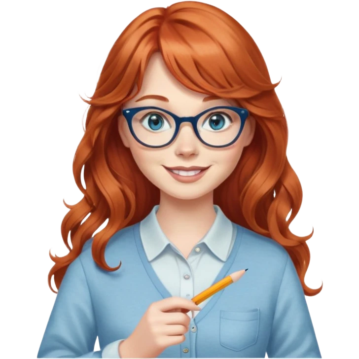 redheaded woman with very long wavy hair and bangs, blue eyes, clear cat-eye glasses, casual chic outfit, holding a pencil, smiling emoji