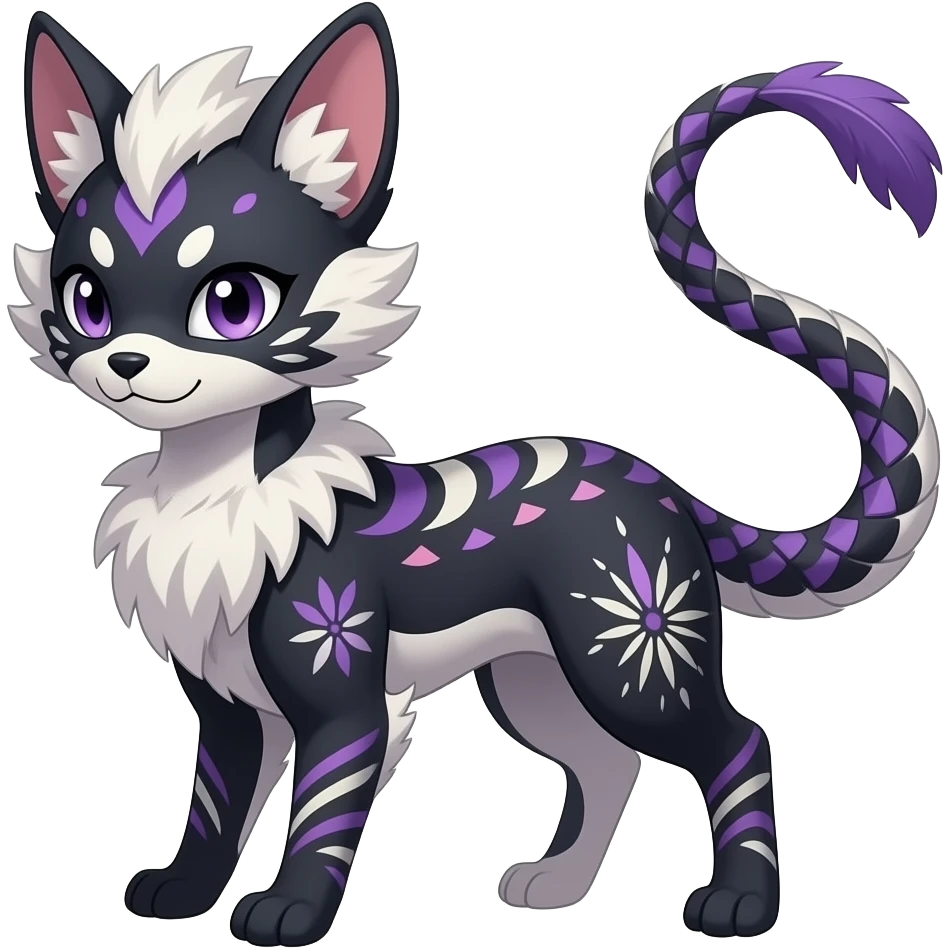 Oriental Asian Furry, tribal-marked-patterned feathery fluffy tropical flecked painted feathery scaly, Purple, white, black, Minccino-Bambino-Lykoi-Linoone-Zangoose-fusion-hybrid-animal-Fakémon-creature, full body, thin long sleek scaly tail, intricate markings emoji