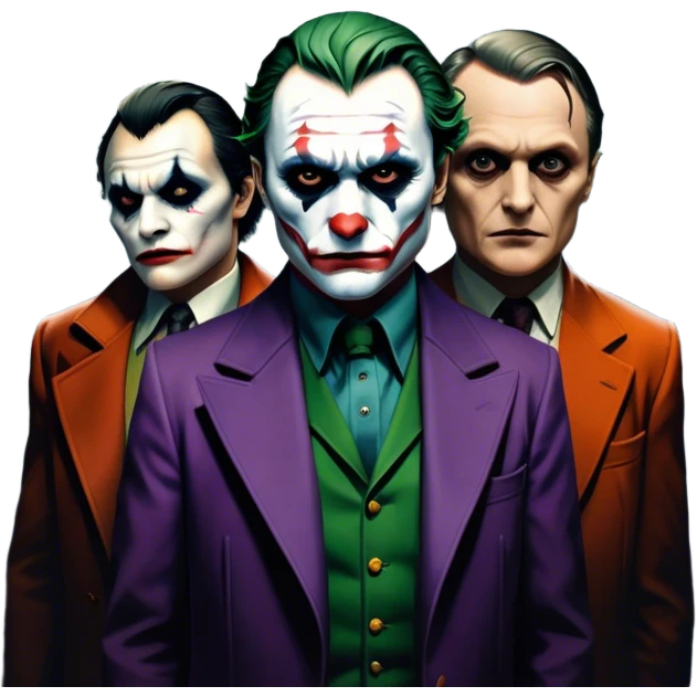 Icon for Thriller Movies: A dramatic close-up collage with iconic characters like Joker and Hannibal Lecter. Set against a dark, moody cityscape with shadows and ominous lighting. A suspenseful atmosphere with eerie tones. Transparent background. emoji