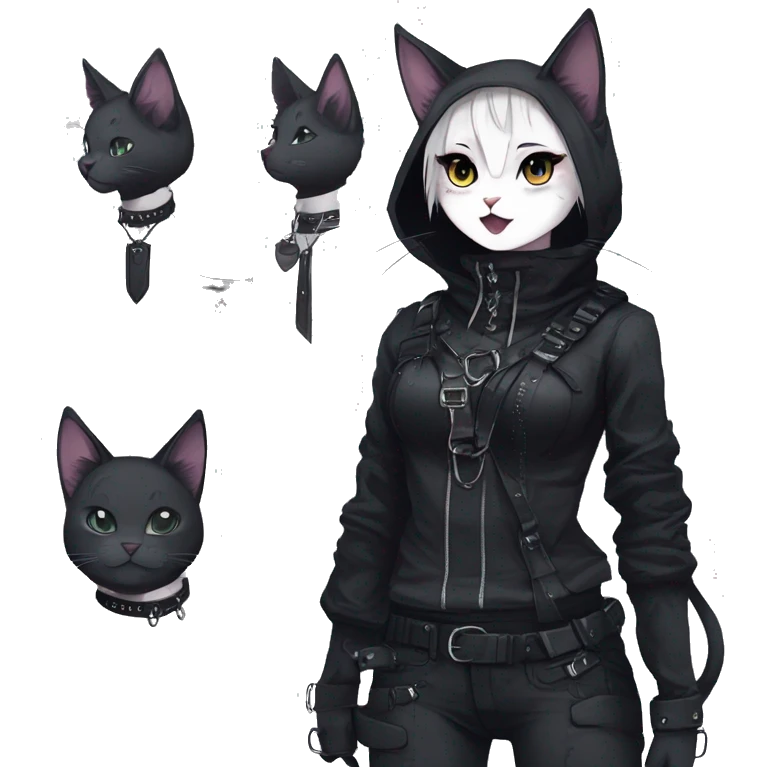 Gorgeous gothic dark techwear anime style anthro cat with blushing face aesthetic and pretty edgy black with collar and harness trending style emoji