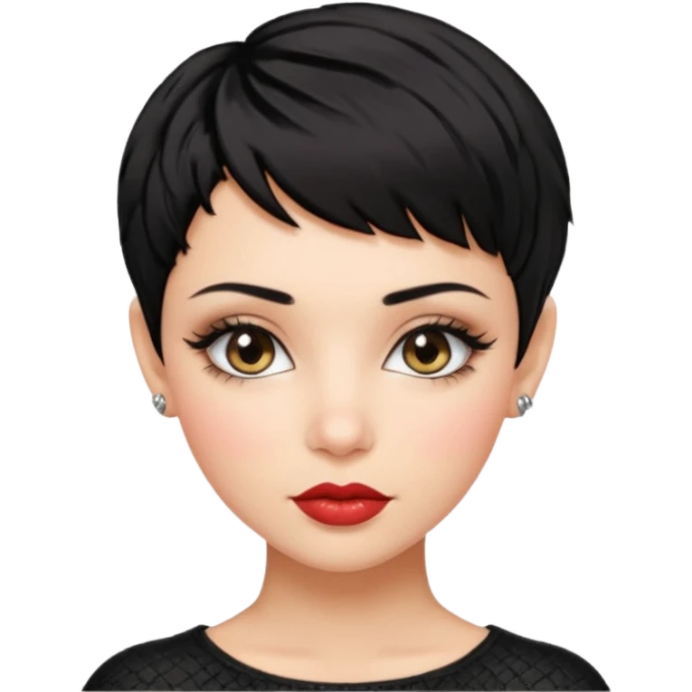 woman pixie cut textured black hair shiny lips , very pretty hazel eyes and  long long lashes emoji