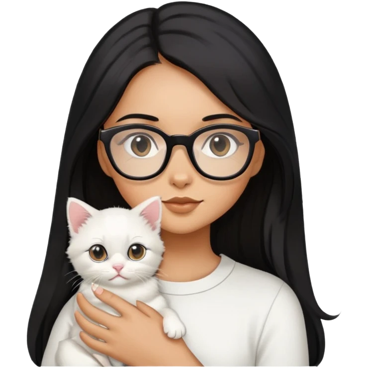 Girl with long black hair and glasses holding a white kitten emoji