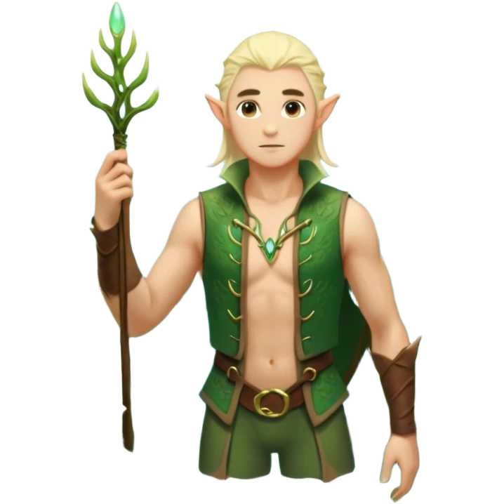 elf male legolas wading in shallow tide pool, palm emitting soft green light to heal glowing coral, practical open vest over bare chest, determined gaze, pointy ears, vibrant underwater plants, centered emoji, nature guardian summer emoji