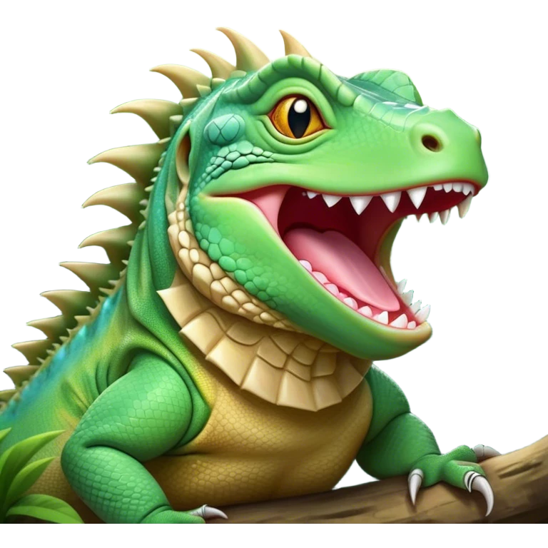 Cinematic Cute Yawning Iguana Portrait Emoji, Head tilted slightly with a dramatic, wide-open yawn, showcasing a sturdy, scaled body with a softly drooping spiky crest and sleepy, half-closed eyes, Simplified yet irresistibly adorable features, highly detailed, glowing with a soft, cozy jungle glow, high shine, relaxed yet expressive, stylized with a dash of whimsical charm, soft glowing outline, capturing the essence of a drowsy yet affectionate iguana that appears ready to stretch out for a nap! emoji