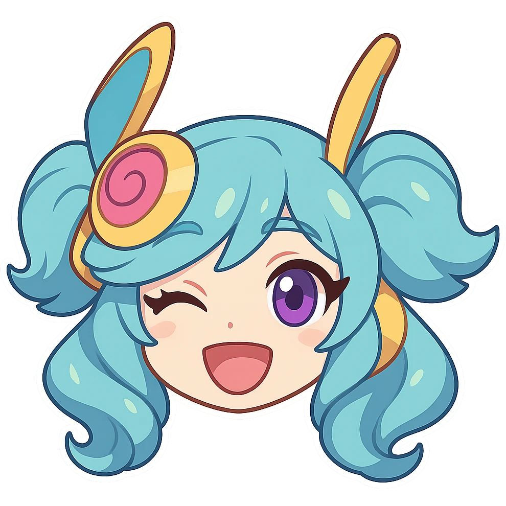 Space Groove Gwen from League of Legends, happy chibi emote, only head visible, right eye is purple emoji