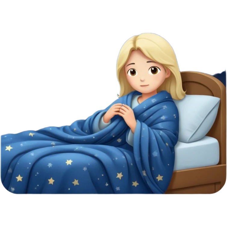 person going to bed on time, cozy blanket, night sky outside window, peaceful and friendly emoji