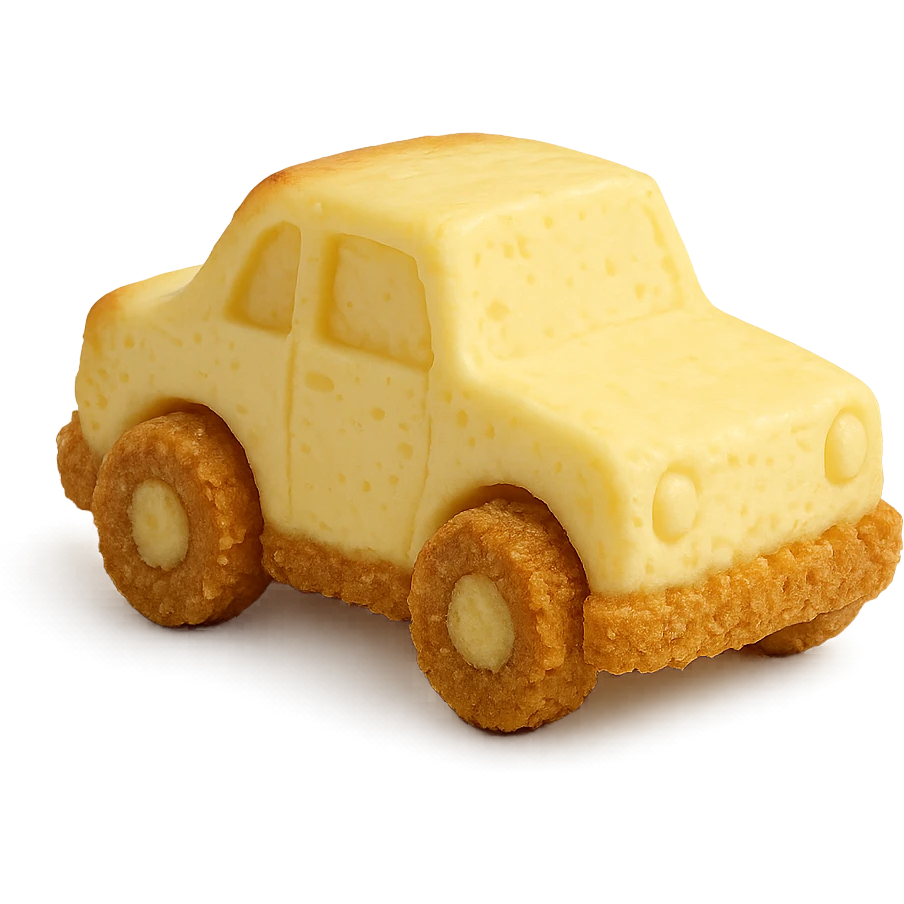 miniature car sculpted from New York cheesecake, crust details, dessert-themed, fun and edible look emoji