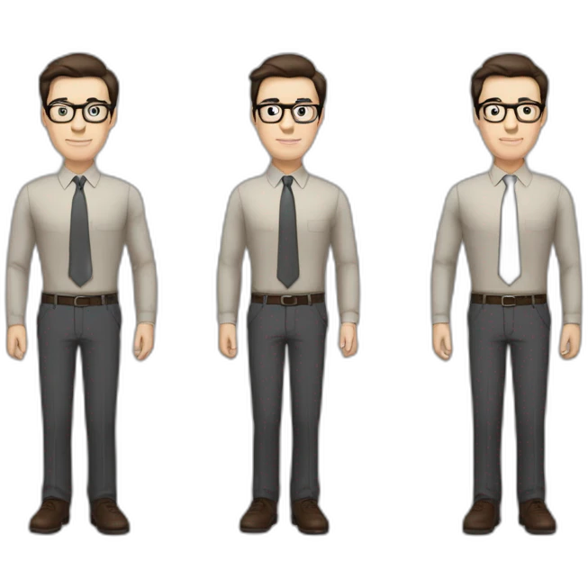Full height Pale skinned Fit Man With dark brown hair in classic gray suit, beige office shirt, dark gray tie, and vintage glasses. His hands lock emoji