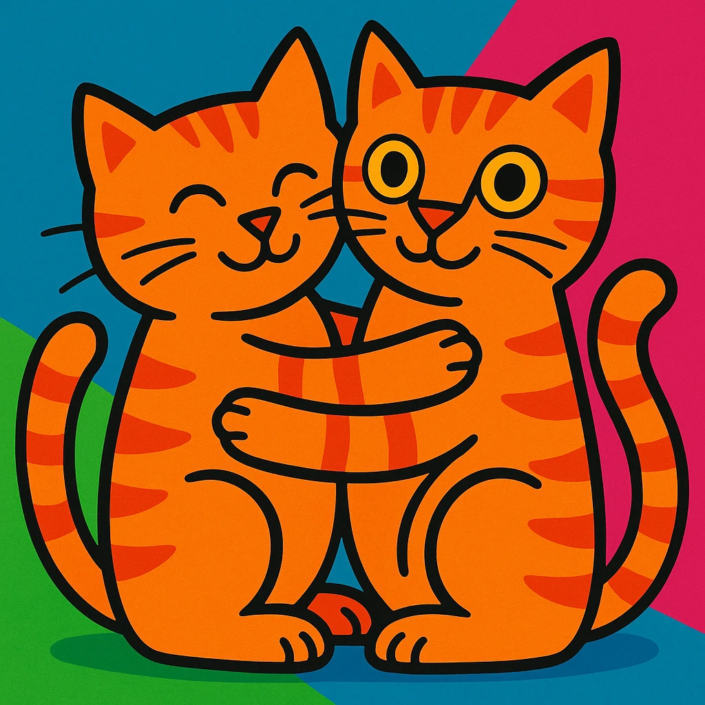 two ginger cats hugging, bright colors emoji