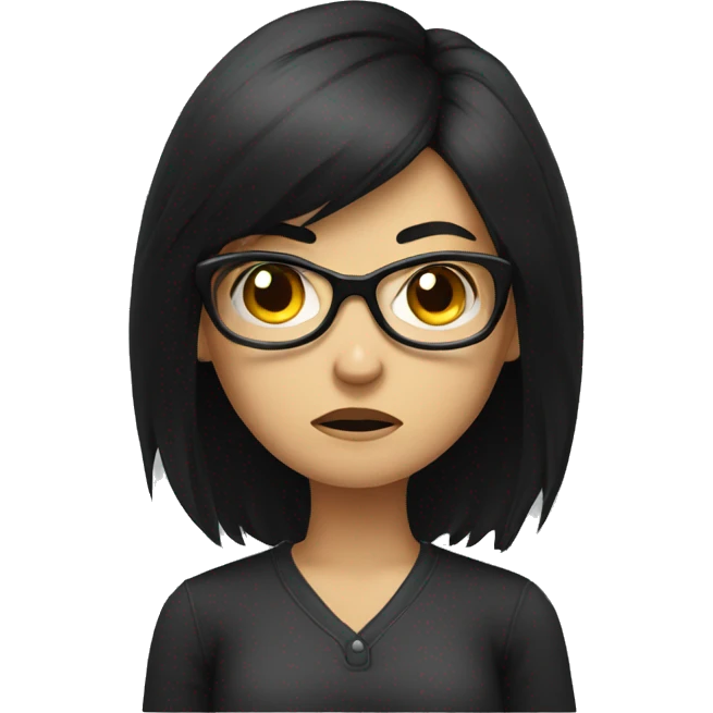Angry scowling girl, long black hair, wearing glasses, with arms crossed over chest. emoji