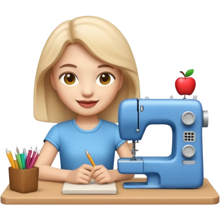 A 3D emoji with a apple Memoji style that the depicts a person who is learning to become a fashion designer as her highchool extended profile. She is young in a highschool age. She has items that are familiar with this job in the field. She is smiling normally emoji