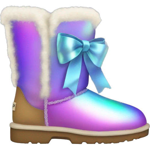 Pair of iridescent Ugg fur boots with ribbon bows. emoji