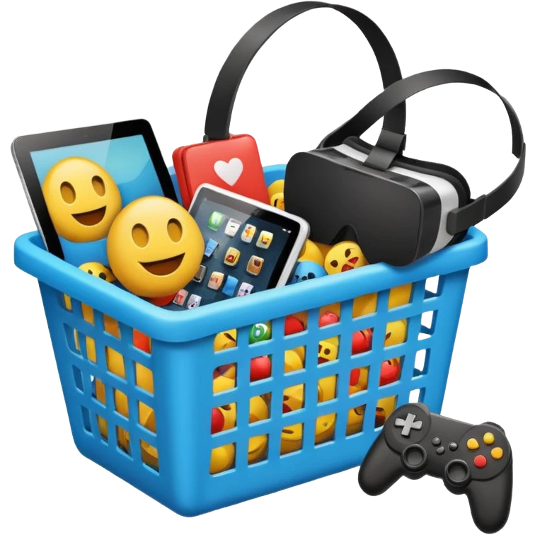 shopping basket filled with a tablet, VR headset, and game controller emoji emoji