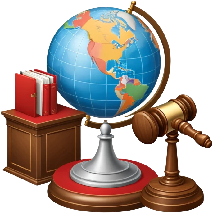 An icon featuring a globe with a gavel and a political map, symbolizing political science. The design includes a ballot box and a podium, representing democracy and governance. Transparent background highlights the study of political systems and global relations. emoji