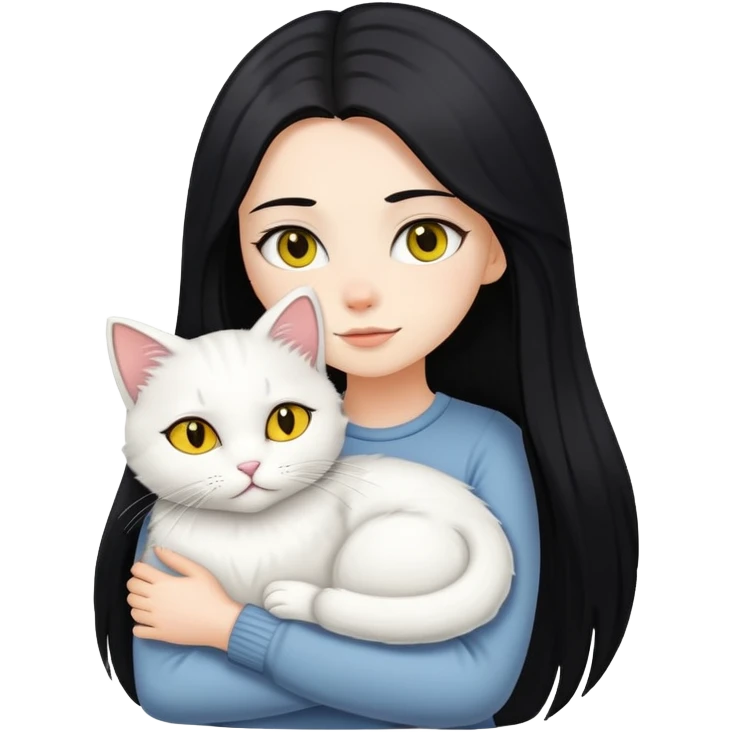 White Girl with long black straight hair hugging a white fluffy yellow eyed cat  emoji