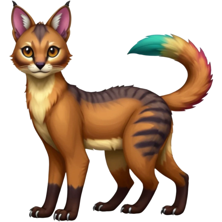 Colorful dark tropical exotic cute cool beautiful shiny beautiful fantasy-caracal-civet-genet-sergal-vernid-Gryphon-Cacomistle-Trico-oncilla-animal-Fakémon-hybrid-fursona (full body) emoji